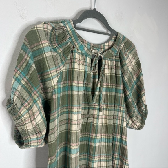 LOFT Size Small Puff Sleeve Plaid Gauzy Blouse Green - Picture 6 of 6